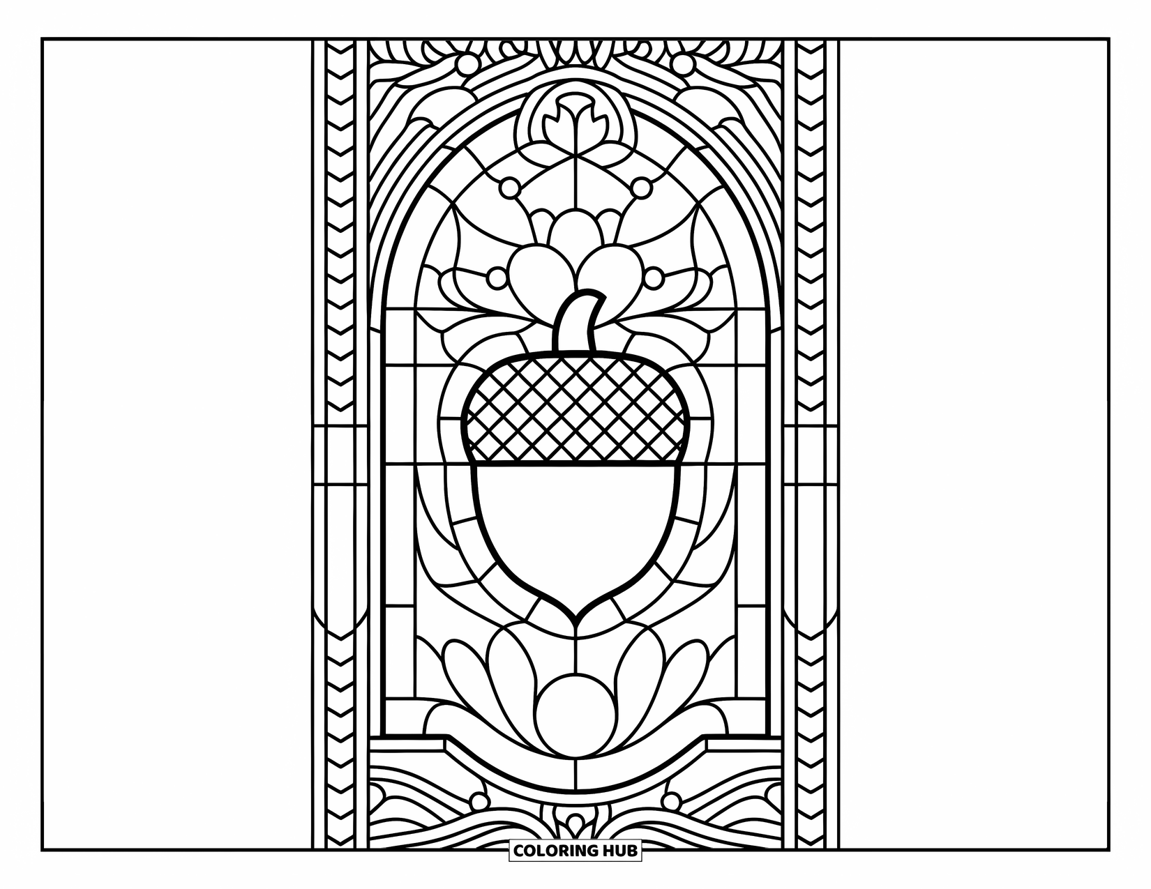 Acorn Coloring Page for Adults: An acorn sits at the center of swirling stained-glass patterns and leafy borders