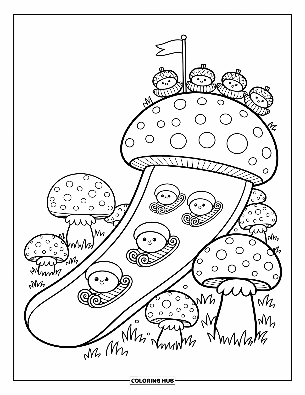 Acorn Coloring Page for Adults: Cheerful acorns in scarves slide down a mushroom hill on curled leaves