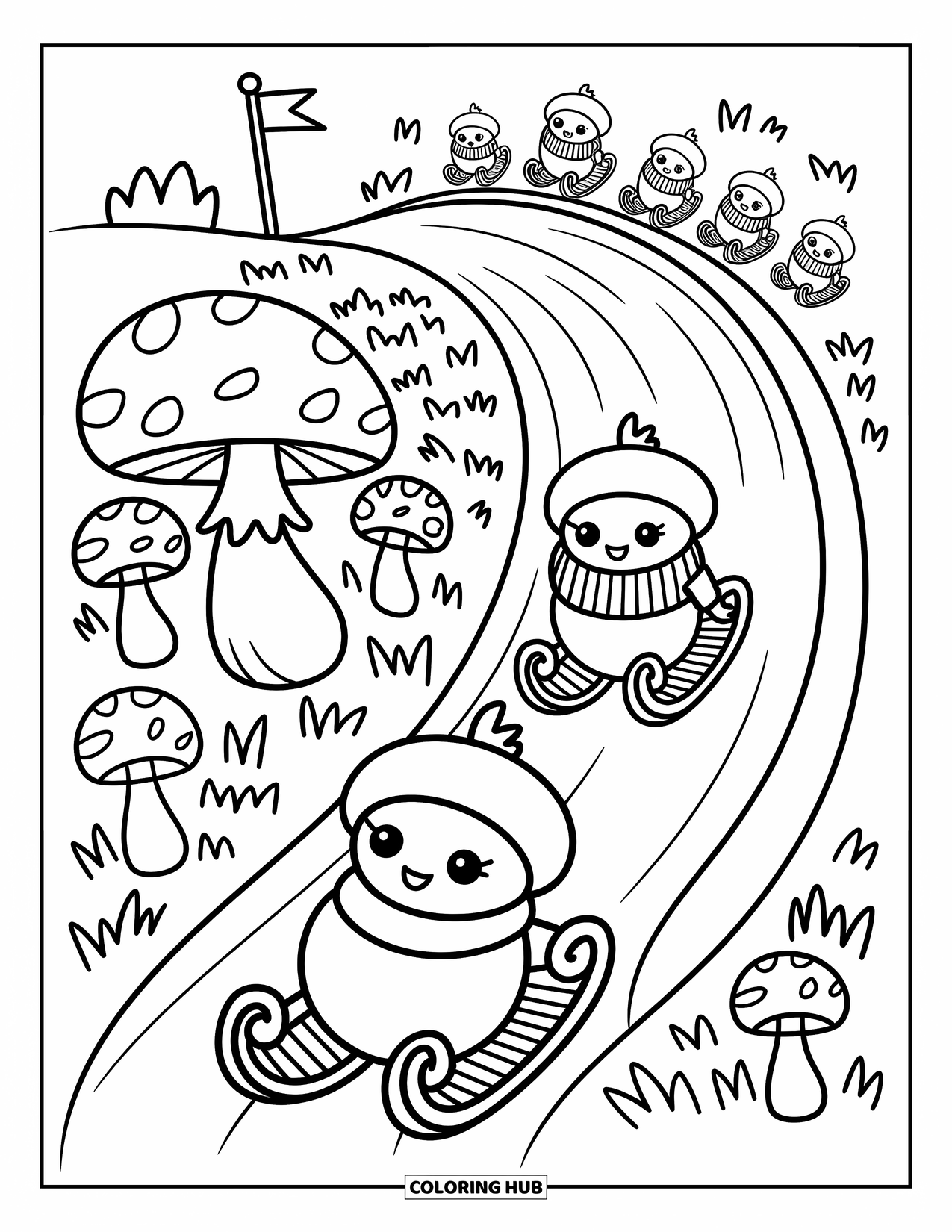 Acorn Coloring Page for Adults: Joyful acorns zoom down a hill of mushrooms using leaves as sleds