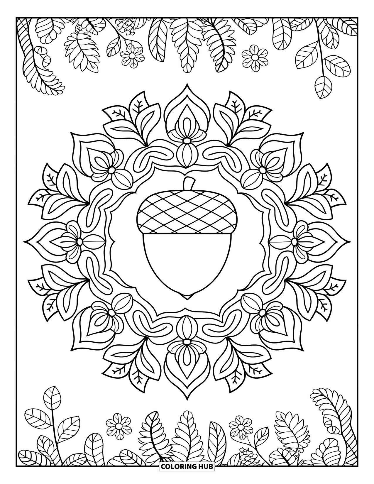Acorn Coloring Page for Adults: Leaves and flowers surround a big acorn in a detailed botanical mandala