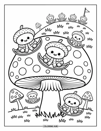 Coloriage de gland pour adultes : Des glands espiègles dévalent une colline de champignons sur des luges de feuilles avec des écharpes qui volent