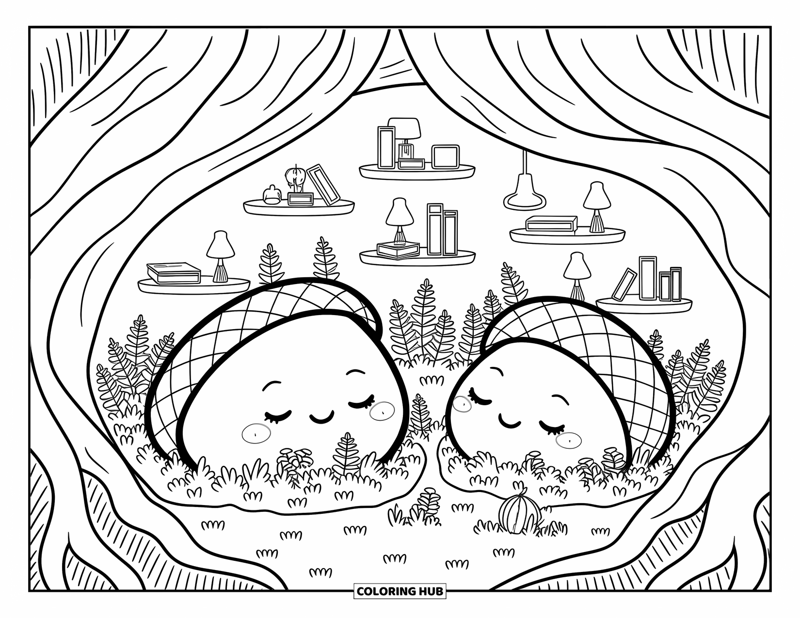 Acorn Coloring Page for Adults: Sleepy acorns relax in a warm burrow wrapped in roots and forest miniatures