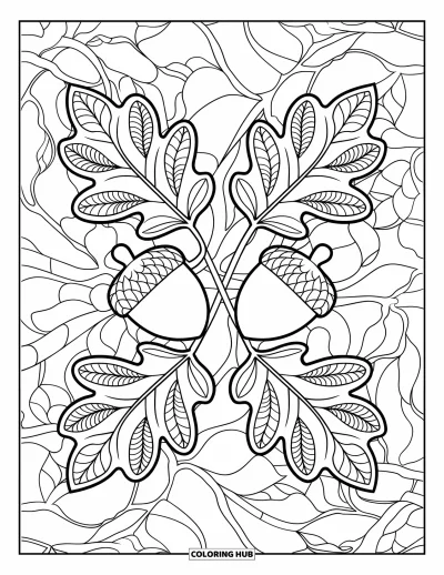 Coloriage de gland pour adultes : Des feuilles en volutes encadrent deux glands croisés dans une composition inspirée du vitrail