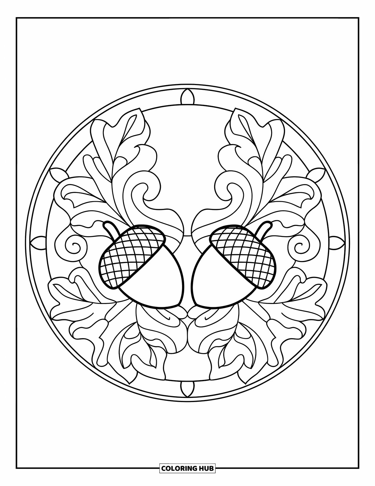 Acorn Coloring Page for Adults: Two acorns cross beneath swirling leaves in a stained-glass circle