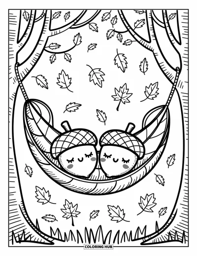 Coloriage de gland pour adultes : Deux glands font la sieste dans un hamac de feuille enroulée sous des arbres qui se balancent et des feuilles qui flottent