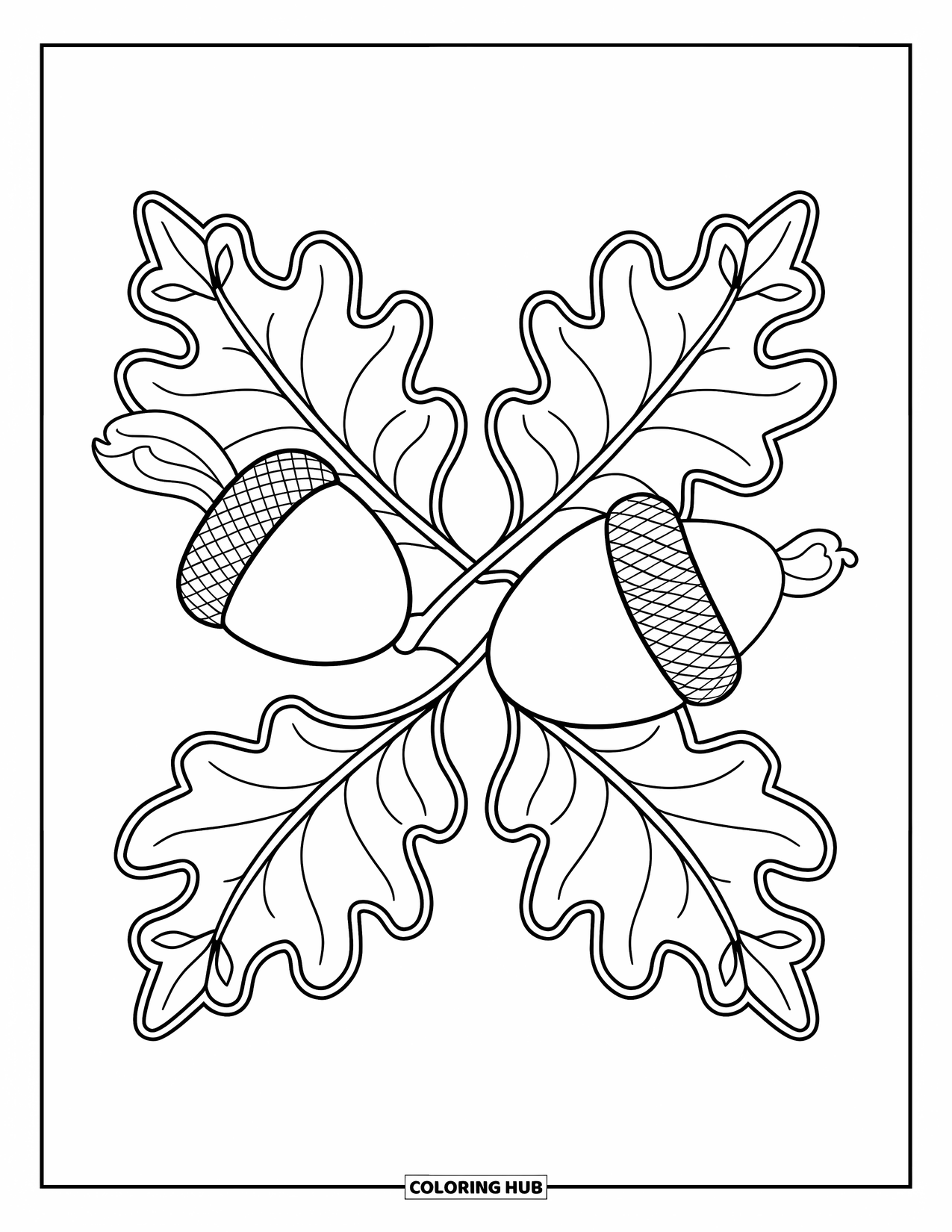 Acorn Coloring Page for Adults: Two crossed acorns are surrounded by ornate stained-glass leaves