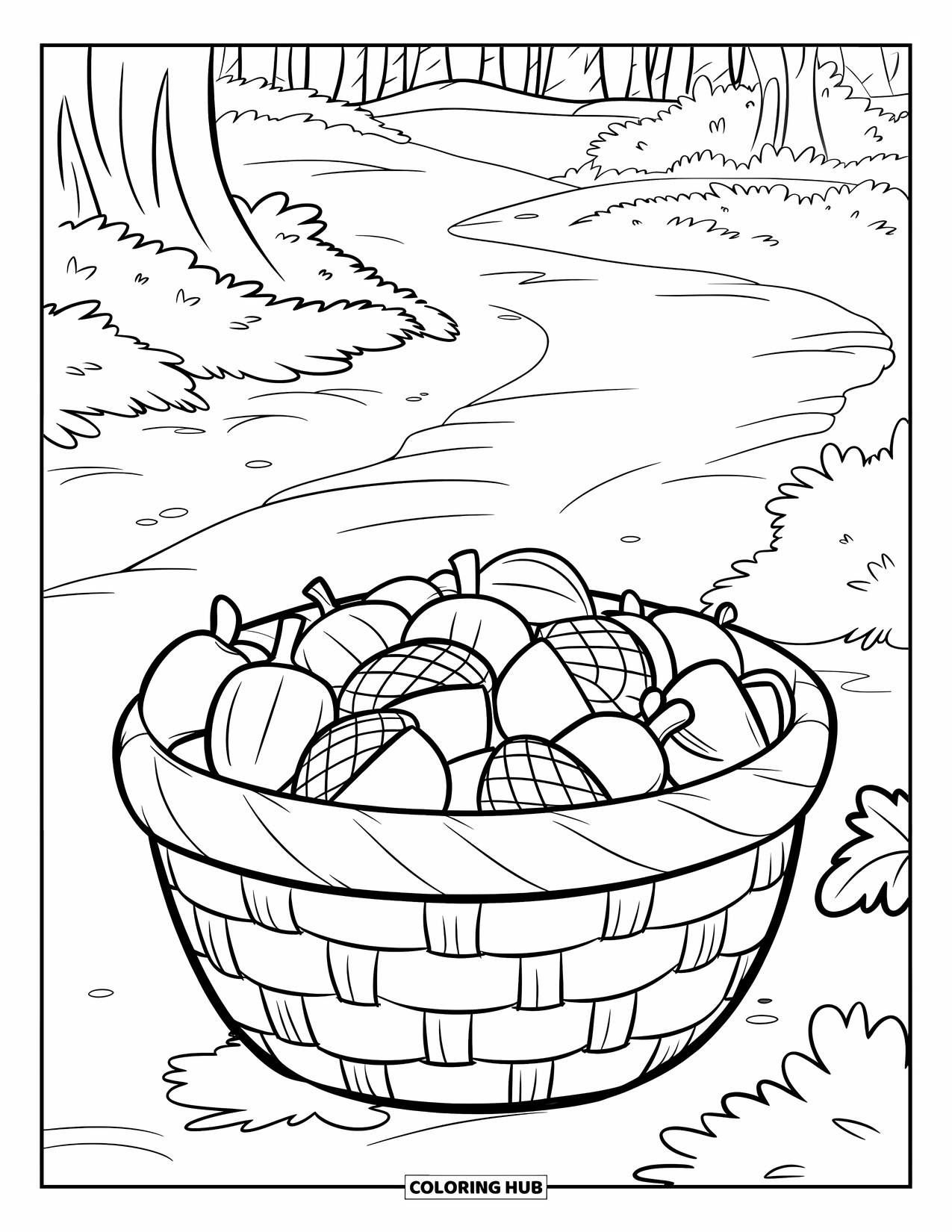 Acorn Coloring Page for Kids: A basket brimming with acorns rests on the ground near a peaceful forest path