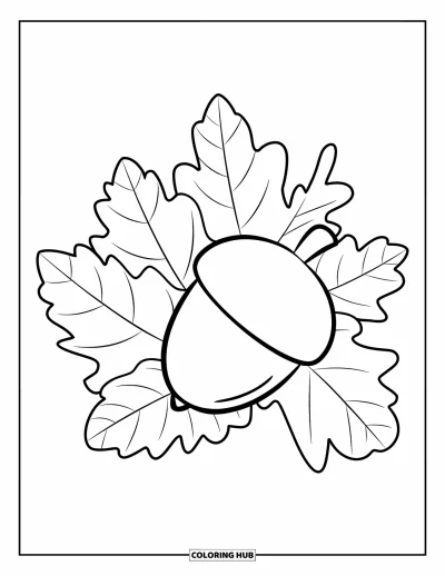 Coloriage de gland pour enfants : Un grand gland repose à côté d'un joyeux tas de feuilles éparpillées