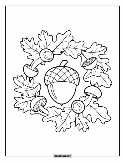 Coloriage de gland pour enfants : Un grand gland trône au centre d'une couronne faite de petits glands et de champignons