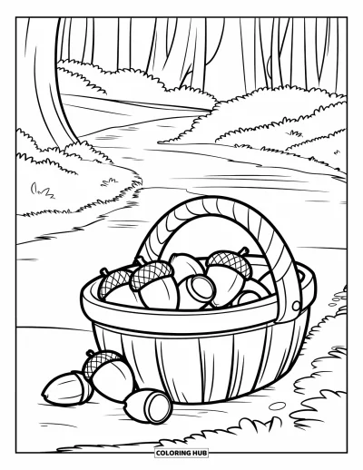 Coloriage de gland pour enfants : Un panier douillet de glands est posé près d'un sentier forestier avec des noisettes éparpillées