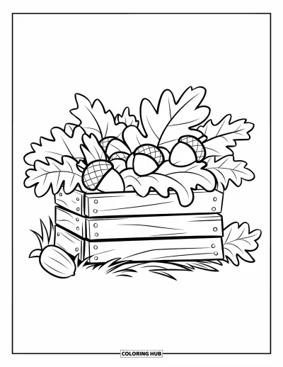 Coloriage de gland pour enfants : Une caisse douillette remplie de glands et de feuillage est posée tranquillement dans une clairière