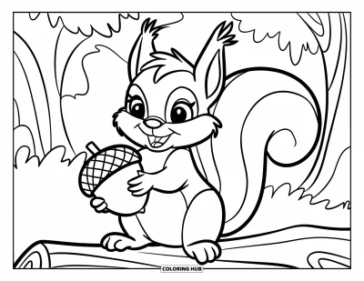 Coloriage de gland pour enfants : Un écureuil heureux serre un immense gland dans ses bras assis sur une bûche