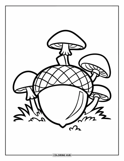 Coloriage de gland pour enfants : Un gland solitaire avec des champignons repose sur un fond blanc avec des contours sympathiques