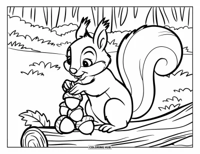 Coloriage de gland pour enfants : Un écureuil équilibre des glands en pyramide à côté d'une bûche couverte de feuilles