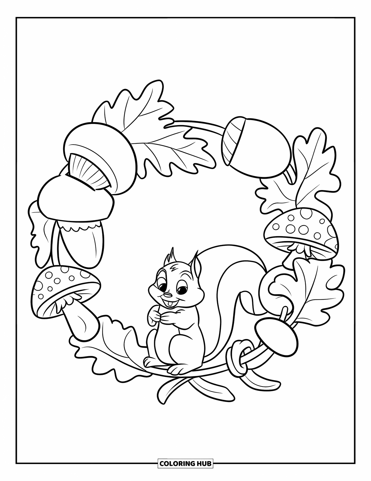 Acorn Coloring Page for Kids: A squirrel holds a round acorn wreath with mushrooms and leaves all around