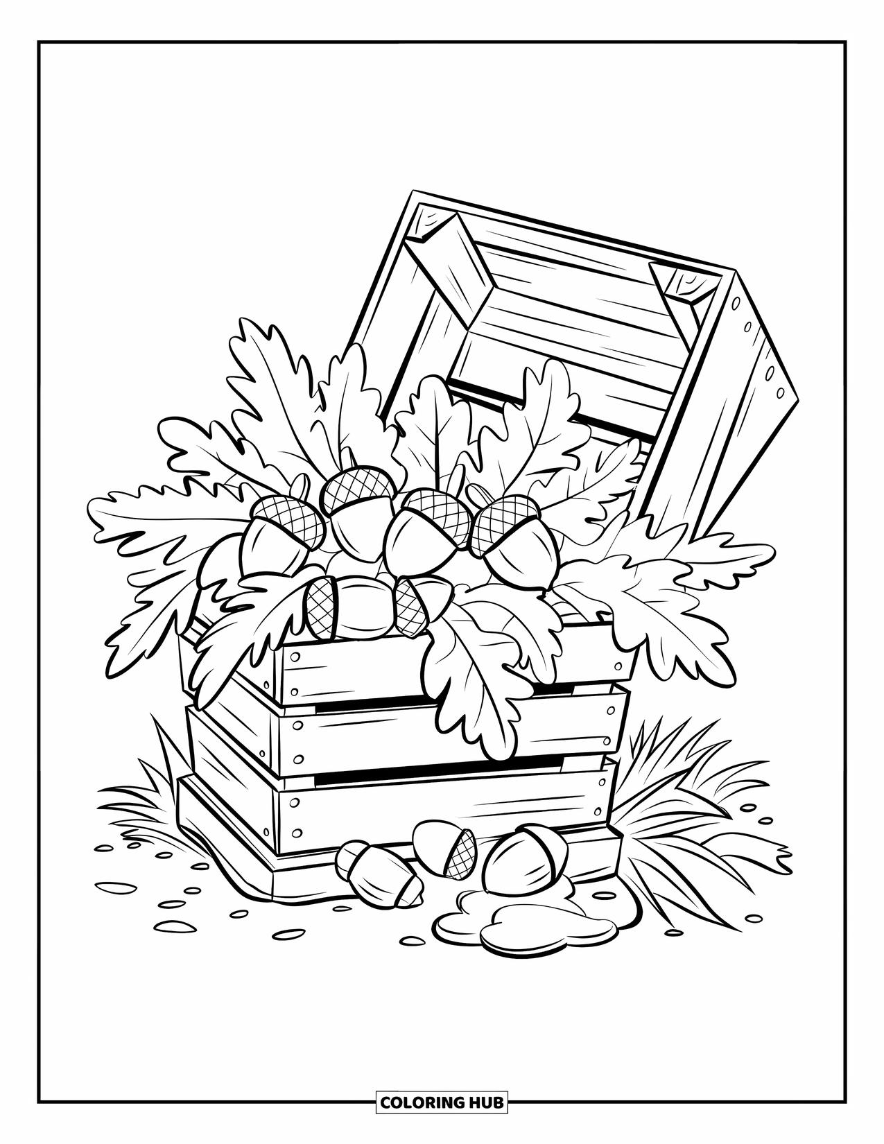 Acorn Coloring Page for Kids: A wooden crate with a hinged lid spills acorns and foliage on a stone base