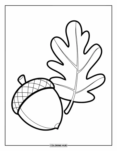 Coloriage de gland pour enfants : Un gland et une belle feuille de chêne forment un duo amusant de la forêt