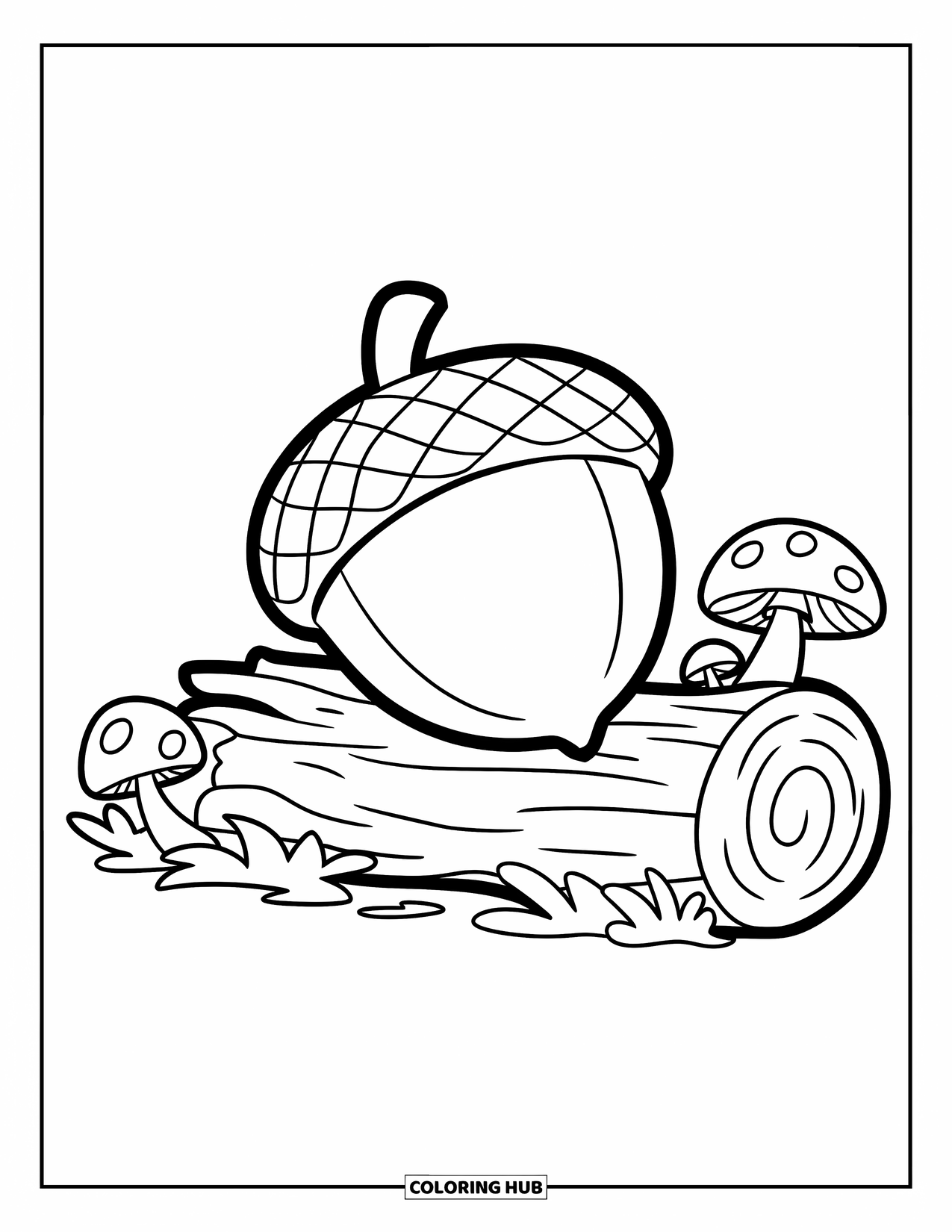 Acorn Coloring Page for Kids: An acorn rests on a mossy log with tiny mushrooms growing nearby
