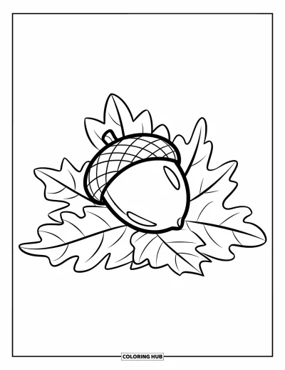 Coloriage de gland pour enfants : Un gland avec un petit trou repose sur un tas de feuilles
