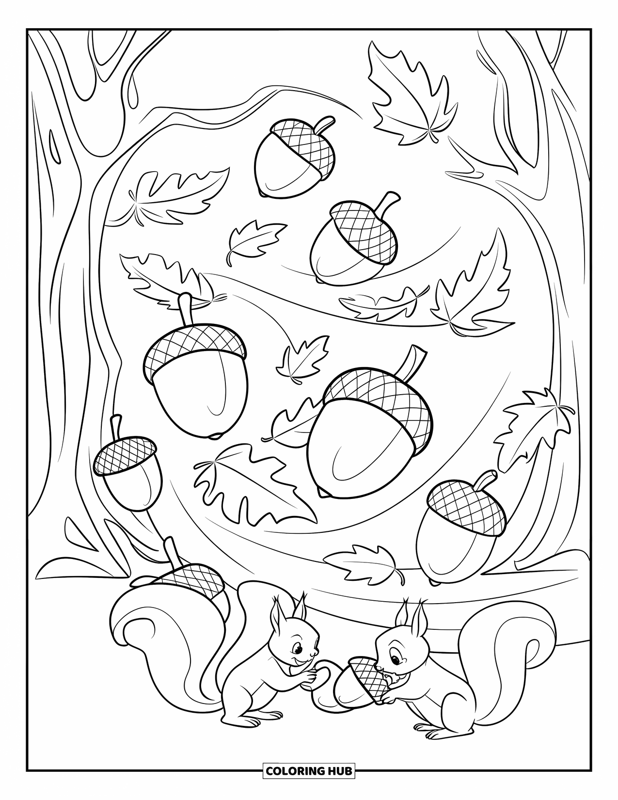 Acorn Coloring Page for Kids: Leaves swirl as acorns fall and squirrels scurry around beneath bold forest trees