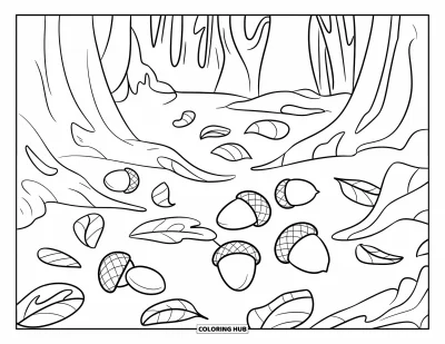 Coloriage de gland pour enfants : Des feuilles, des brindilles et des glands recouvrent un sol forestier accueillant avec des arbres alentour