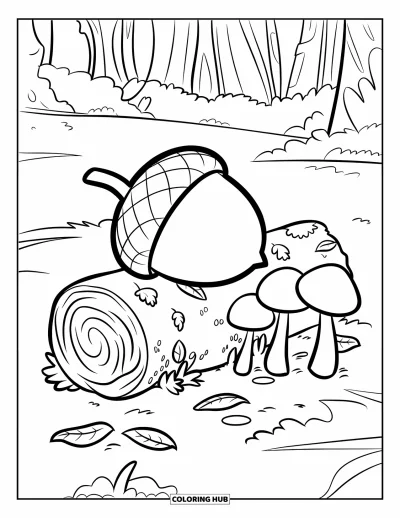 Coloriage de gland pour enfants : Des champignons et des feuilles entourent un gland posé sur une bûche couverte de mousse