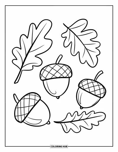 Coloriage de gland pour enfants : Trois glands ornementés sont rangés entre des feuilles de chêne dans un motif forestier amusant