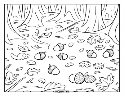 Coloriage de gland pour enfants : Des glands variés, des feuilles et des brindilles se dispersent sur un sol boisé tranquille