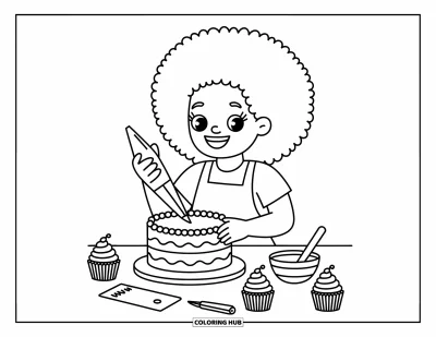 Dibujo de chicas negras con afro para colorear para adultos: Una chica alegre decora un pastel en una pastelería acogedora llena de objetos adorables