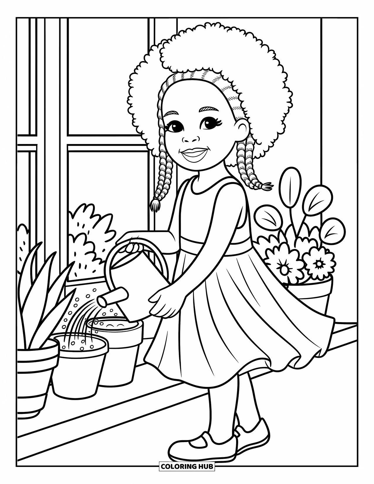 Afro Black Girl Coloring Page for Adults: A cheerful girl waters potted plants on a windowsill with her dress fluttering