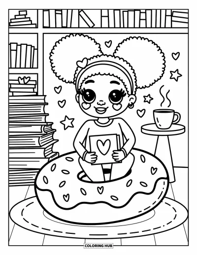 Dibujo de chicas negras con afro para colorear para adultos: Una chica tranquila descansa sobre un cojín de dona con libros, una taza y estrellas flotantes