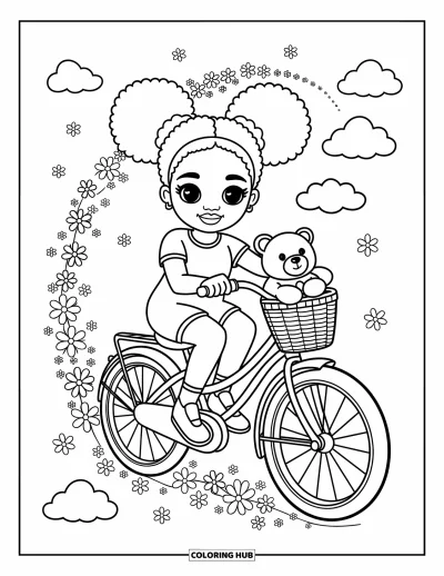 Dibujo de chicas negras con afro para colorear para adultos: Una chica adorable con moños monta en bicicleta con un osito de peluche en la canasta