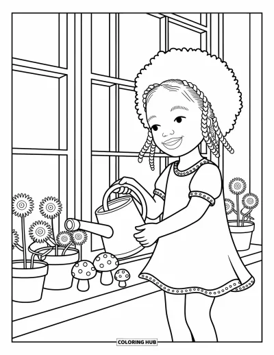 Dibujo de chicas negras con afro para colorear para adultos: Una chica con moños gemelos riega plantas junto a hongos y girasoles que revolotean