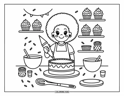 Dibujo de chicas negras con afro para colorear para adultos: Una chica feliz decora un pastel rodeada de chispas, cupcakes y utensilios de repostería