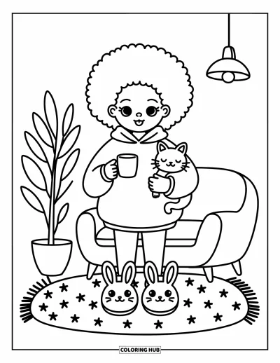 Dibujo de chicas negras con afro para colorear para adultos: Una chica feliz con sudadera grande sostiene un gato y una taza en su habitación