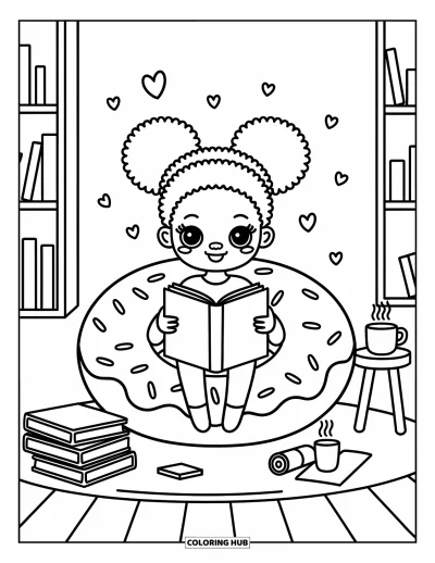 Dibujo de chicas negras con afro para colorear para adultos: Una chica feliz lee en un rincón con cojín de dona rodeada de corazones y libros