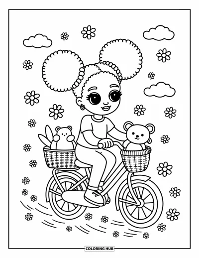 Dibujo de chicas negras con afro para colorear para adultos: Una chica alegre monta su bicicleta con un osito y pequeñas nubes a su alrededor