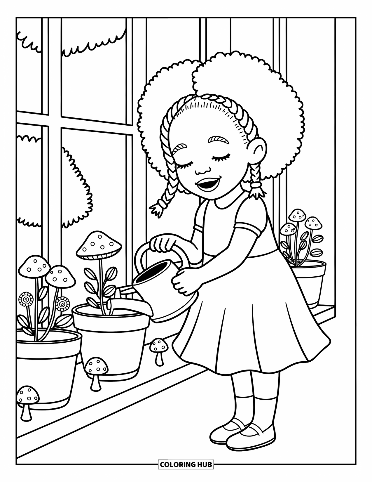 Afro Black Girl Coloring Page for Adults: A happy girl tends plants on a windowsill with whimsical flowers and mushrooms