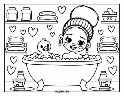 Dibujo de chicas negras con afro para colorear para adultos: Una chica feliz con moño se relaja en una bañera llena de burbujas con un patito de juguete