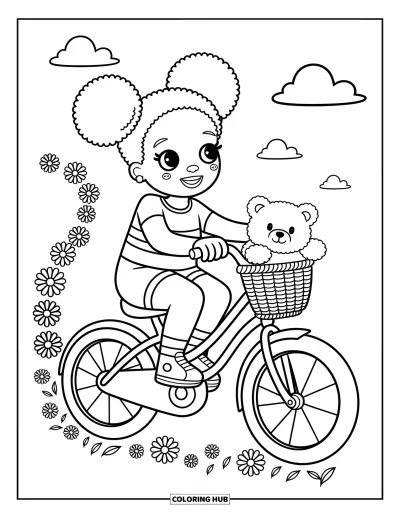 Dibujo de chicas negras con afro para colorear para adultos: Una chica alegre monta en bicicleta entre flores flotantes con su osito en la canasta
