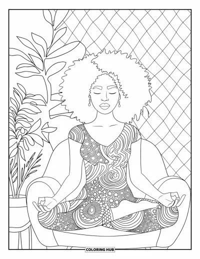 Dibujo de chicas negras con afro para colorear para adultos: Una mujer serena medita en interiores rodeada de macetas y decoración tranquila