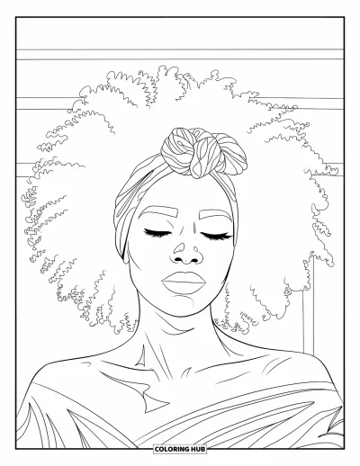 Dibujo de chicas negras con afro para colorear para adultos: Una mujer serena con turbante y afro descansa en tranquila quietud