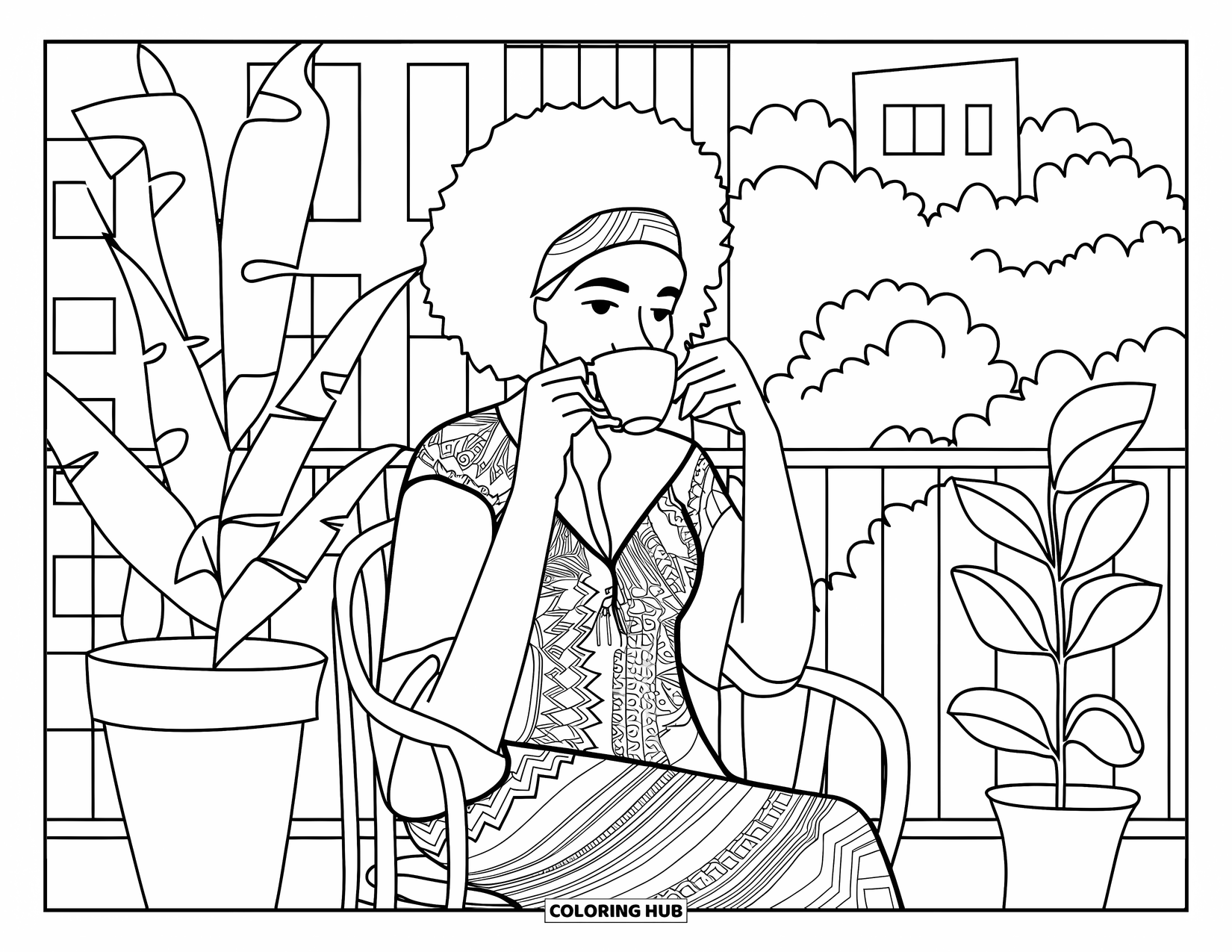 Afro Black Girl Coloring Page for Adults: A relaxed woman enjoys tea on a balcony full of cozy potted plants
