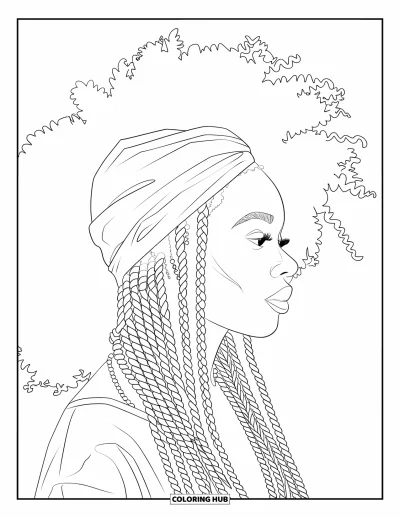 Dibujo de chicas negras con afro para colorear para adultos: Perfil lateral de una mujer con trenzas, joyas y turbante