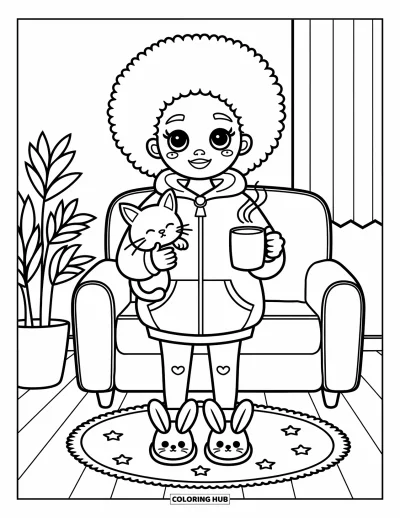 Dibujo de chicas negras con afro para colorear para adultos: Una chica sonriente abraza un gato y toma cacao en su habitación acogedora decorada con estrellas