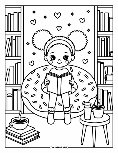 Dibujo de chicas negras con afro para colorear para adultos: Una chica sonriente se relaja sobre un cojín de dona con estrellas, libros y una bebida caliente