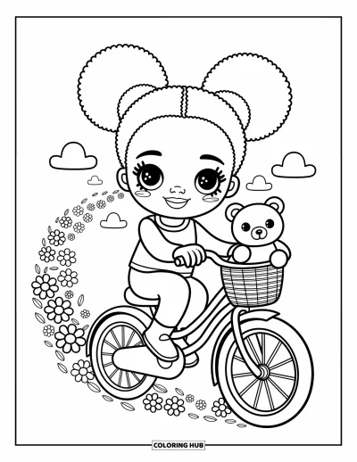 Dibujo de chicas negras con afro para colorear para adultos: Una chica sonriente monta en bicicleta entre flores con un osito en su canasta