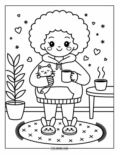 Dibujo de chicas negras con afro para colorear para adultos: Una chica dulce con pantuflas de conejo sostiene su gato y una taza junto a detalles del hogar