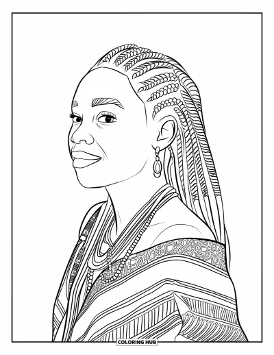 Dibujo de chicas negras con afro para colorear para adultos: Una mujer sonriente y cálida con joyas y pañuelo aparece en elegante perfil