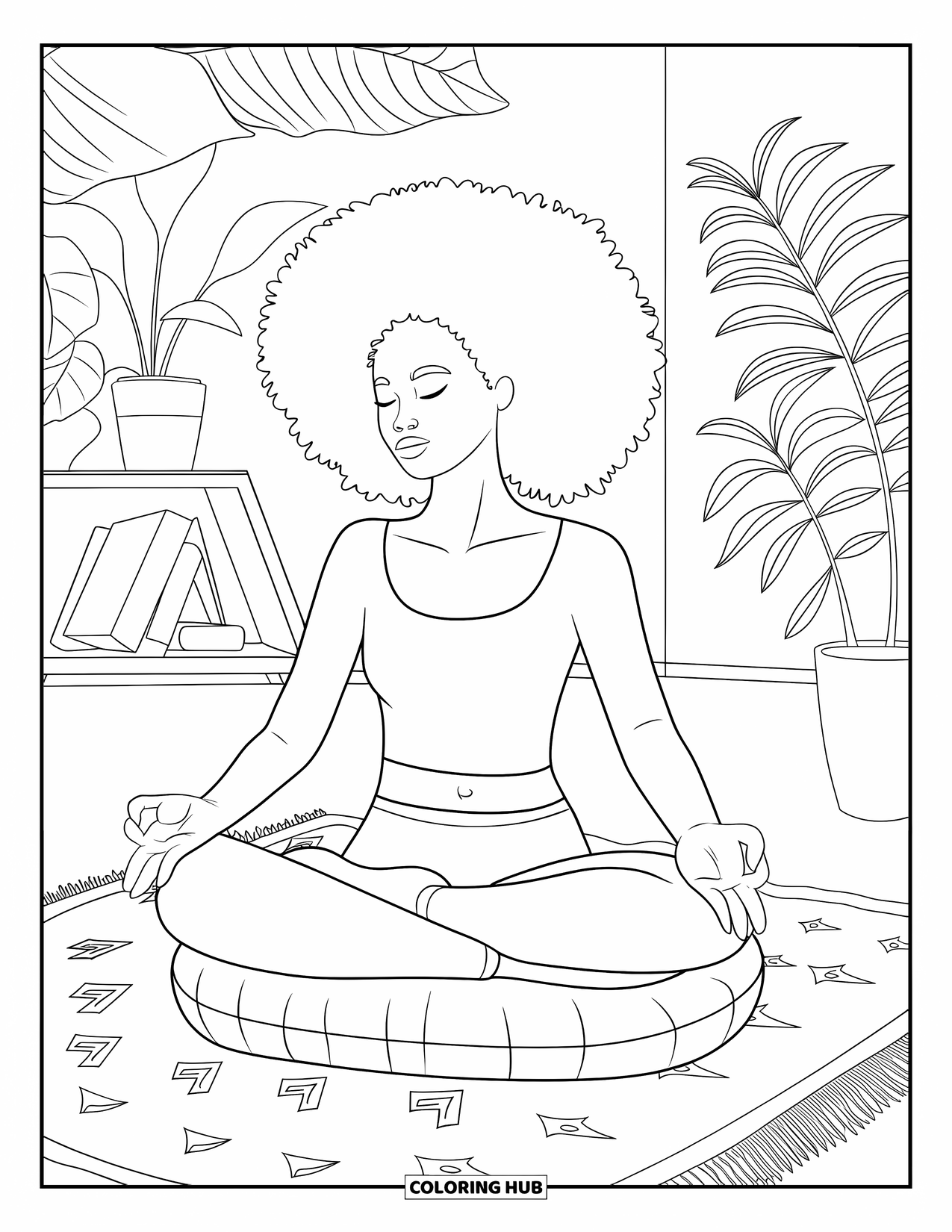 Afro Black Girl Coloring Page for Adults: A woman meditates cross-legged on a rug beside her cozy room plants